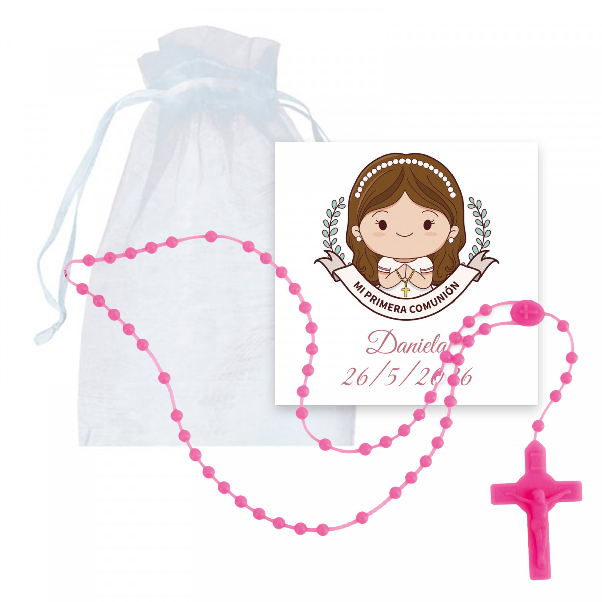Rosario fucsia in silicone con biglietto per bambina di comunione personalizzato in sacchetto di organza