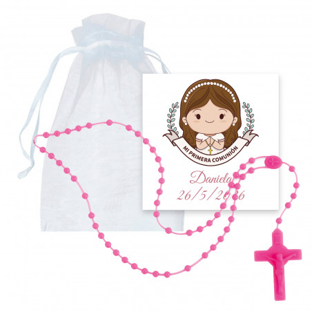 Rosario fucsia in silicone con biglietto per bambina di comunione personalizzato in sacchetto di organza