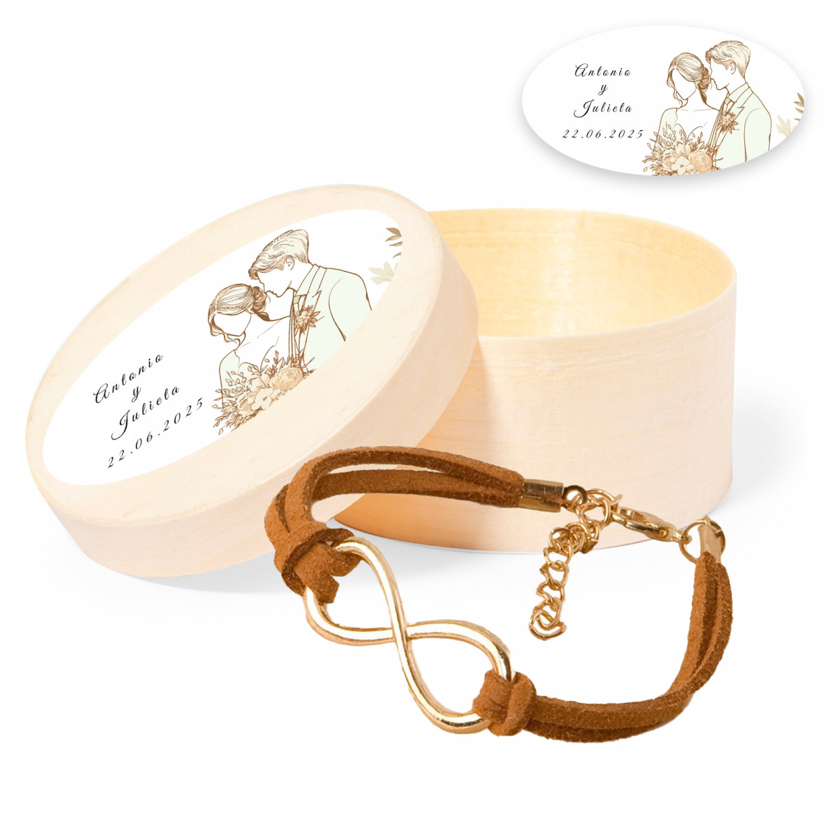 Bracciale infinito dorato in scatola di legno personalizzata con adesivo ovale romantico per matrimoni