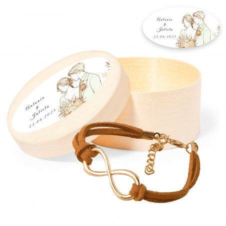 Bracciale infinito dorato in scatola di legno personalizzata con adesivo ovale romantico per matrimoni