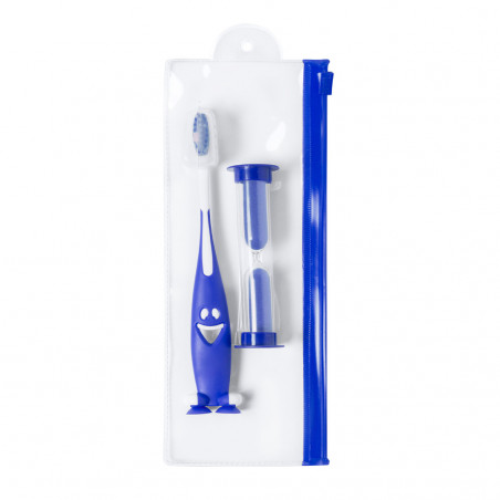 Spazzolino da denti per bambini con dettagli blu e accessori personalizzati con adesivi di supereroi