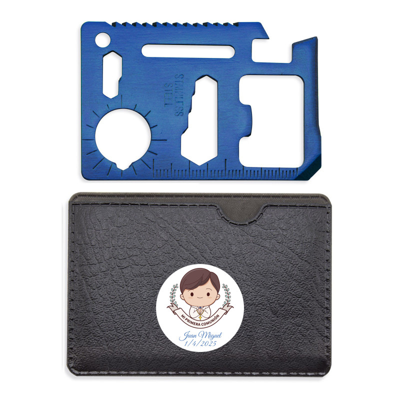 Multitool blu in custodia con adesivo personalizzato per comunione di bambino