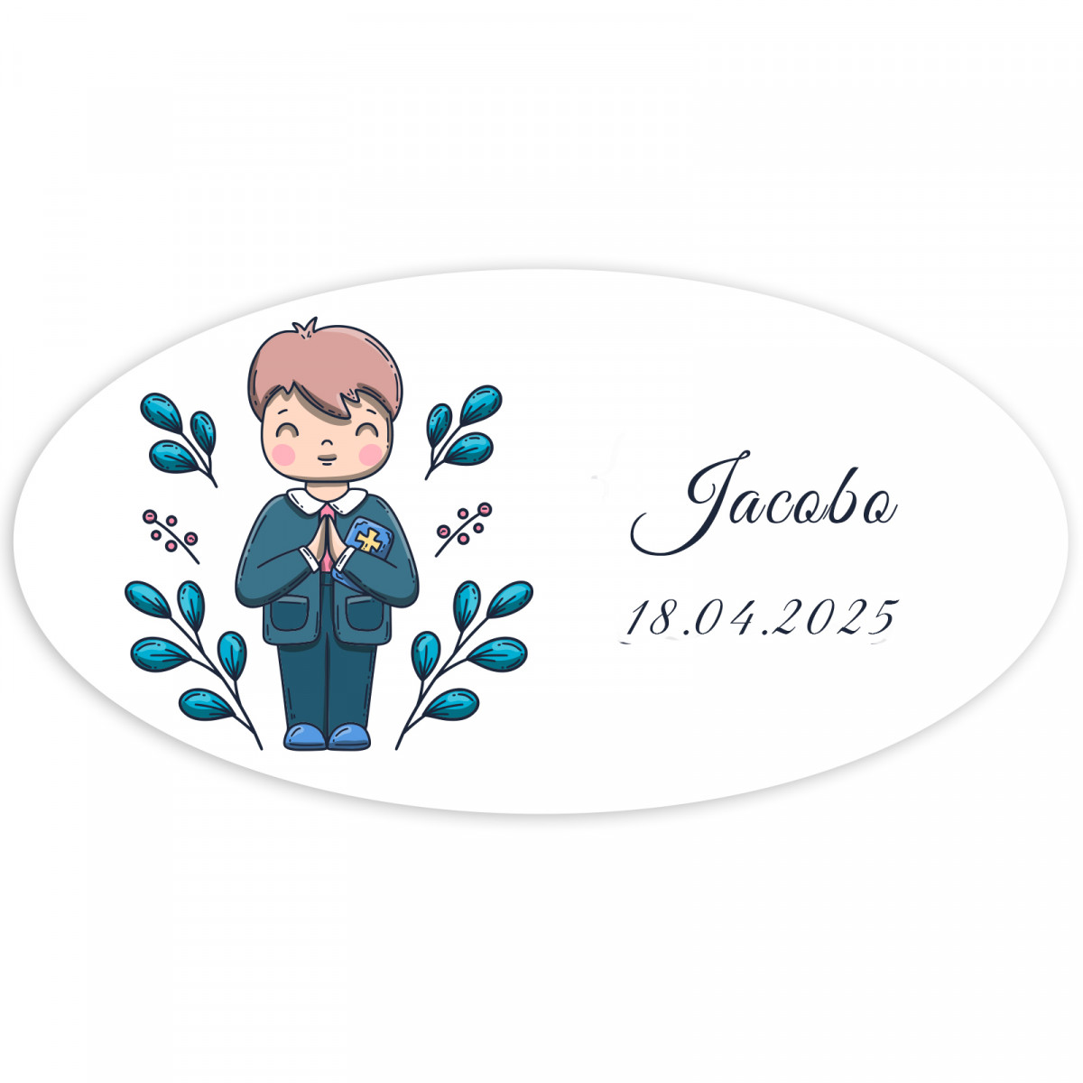 Adesivo ovale prima comunione bambino personalizzabile