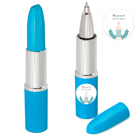 Penna a sfera a forma di rossetto blu con adesivo personalizzato per dettagli di comunione