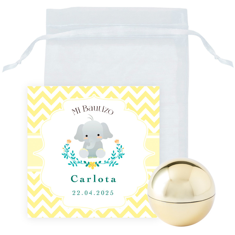 Balsamo labiale sferico dorato con biglietto promemoria unisex in sacchetto di organza per dettagli battesimo