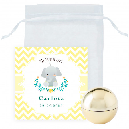Balsamo labiale sferico dorato con biglietto promemoria unisex in sacchetto di organza per dettagli battesimo