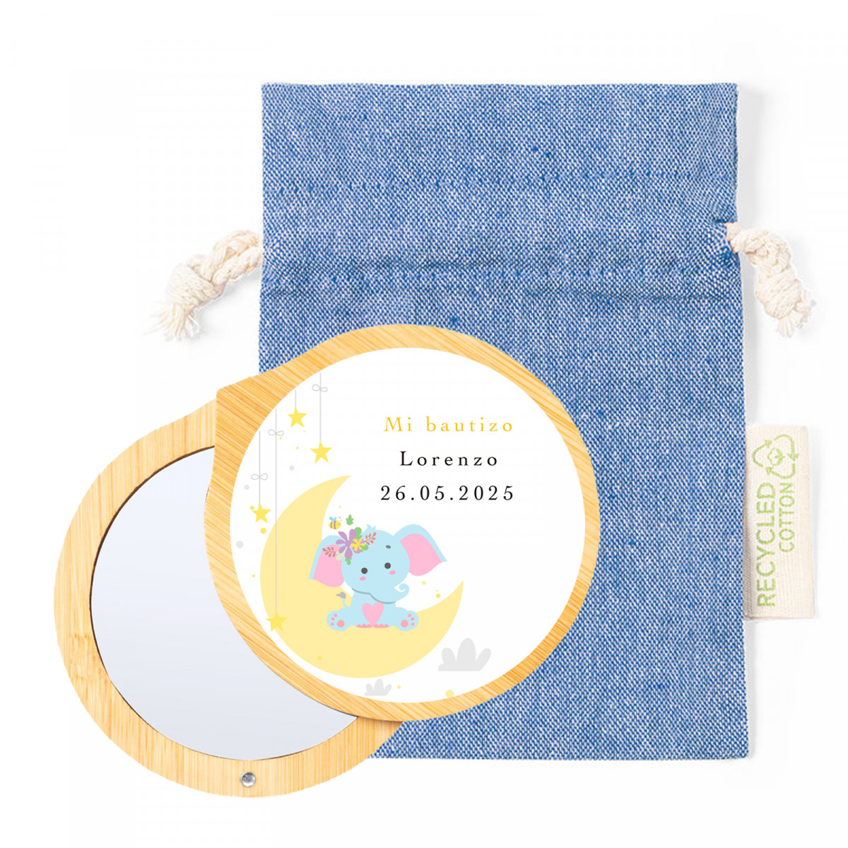 Specchio con coperchio magnetico personalizzato con adesivo di elefante e sacchetto per dettagli di battesimo