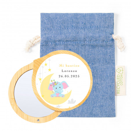 Specchio con coperchio magnetico personalizzato con adesivo di elefante e sacchetto per dettagli di battesimo