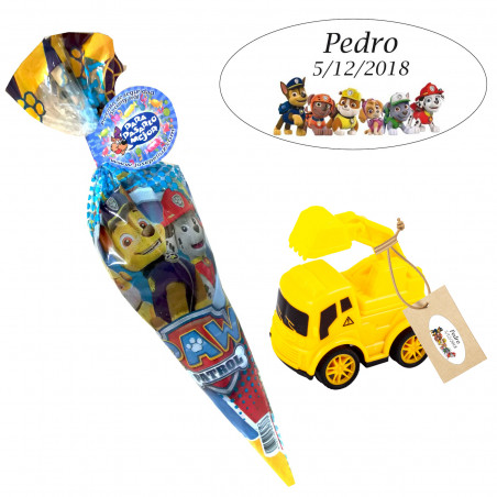 Veicolo da costruzione personalizzato con adesivo della Paw Patrol e sacchetto di caramelle da regalare