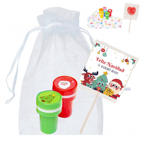 Francobolli natalizi per bambini con lecca lecca Babbo Natale personalizzato in sacchetto di organza da regalare