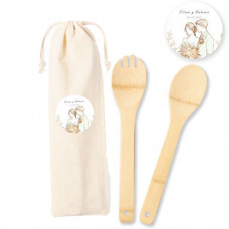 Utensili per insalata in bambù da portare in borsa personalizzata per matrimoni