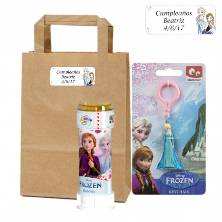 Portachiavi con figura di Frozen e bolle di sapone in borsa personalizzata da regalare
