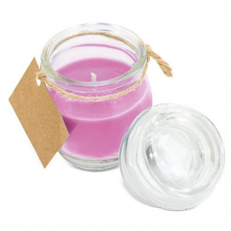 Candela profumata rosa in barattolo di vetro con adesivo personalizzato per comunione di bambina
