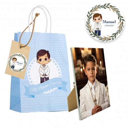 Cornice per foto con borsa di comunione per bambino e etichetta personalizzabile da regalare