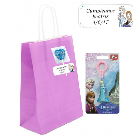 Portachiavi di Frozen in borsa personalizzata con adesivo e lecca-lecca blu per dettagli