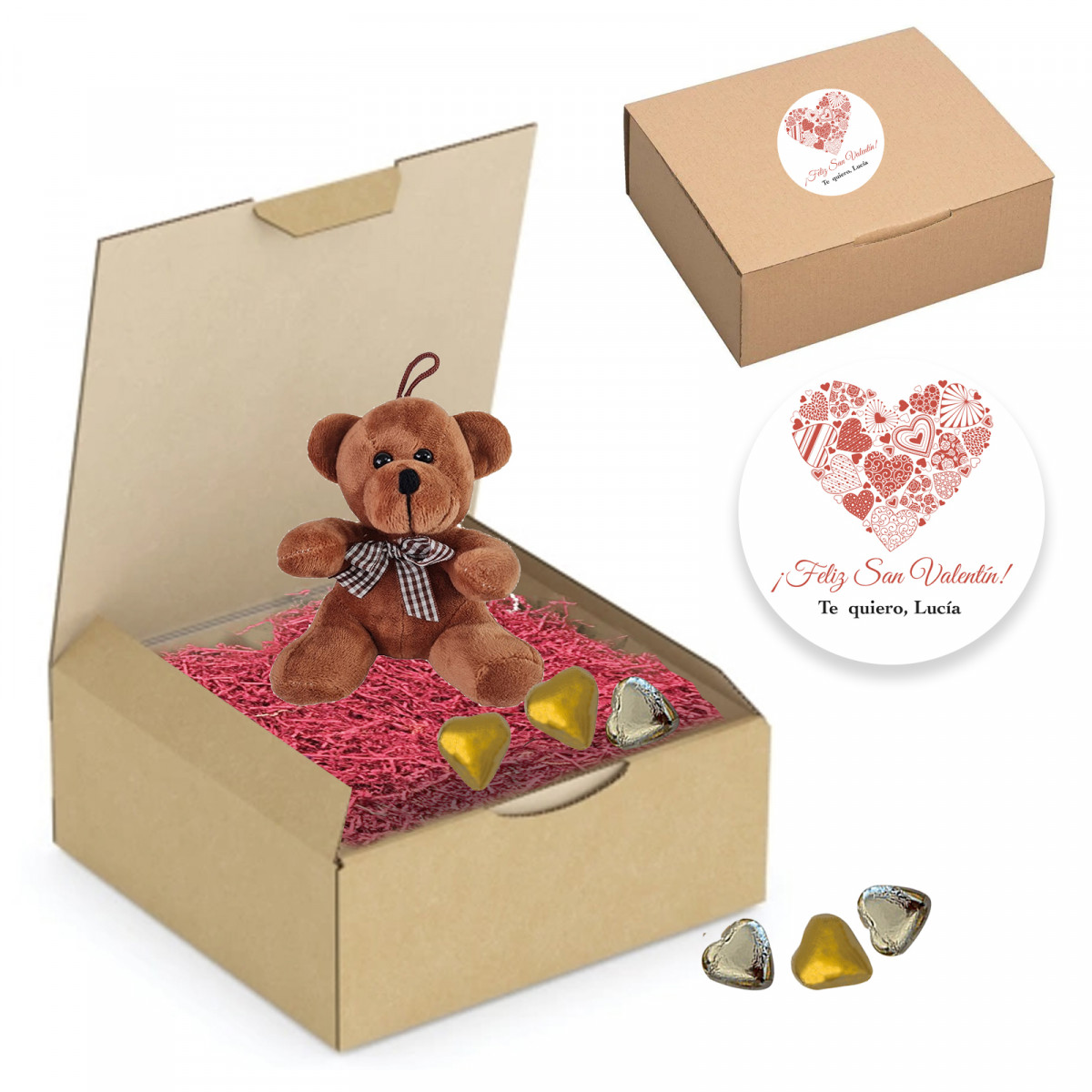 Orsetto e cioccolatini a forma di cuore da appendere in una scatola con trucioli personalizzata per San Valentino