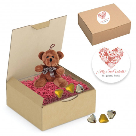 Orsetto e cioccolatini a forma di cuore da appendere in una scatola con trucioli personalizzata per San Valentino