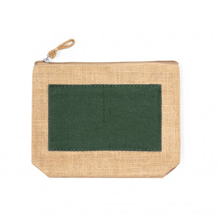 Necessaire in juta con dettaglio verde personalizzato con etichetta degli sposi e balsamo labiale per dettaglio di matrimonio