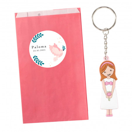 Portachiavi da Comunione da bambina in sacchettino rosa lampone personalizzato con adesivo colomba da regalare
