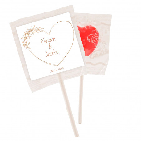 Lecca lecca personalizzato con adesivo a forma di cuore minimalista per i dettagli del matrimonio