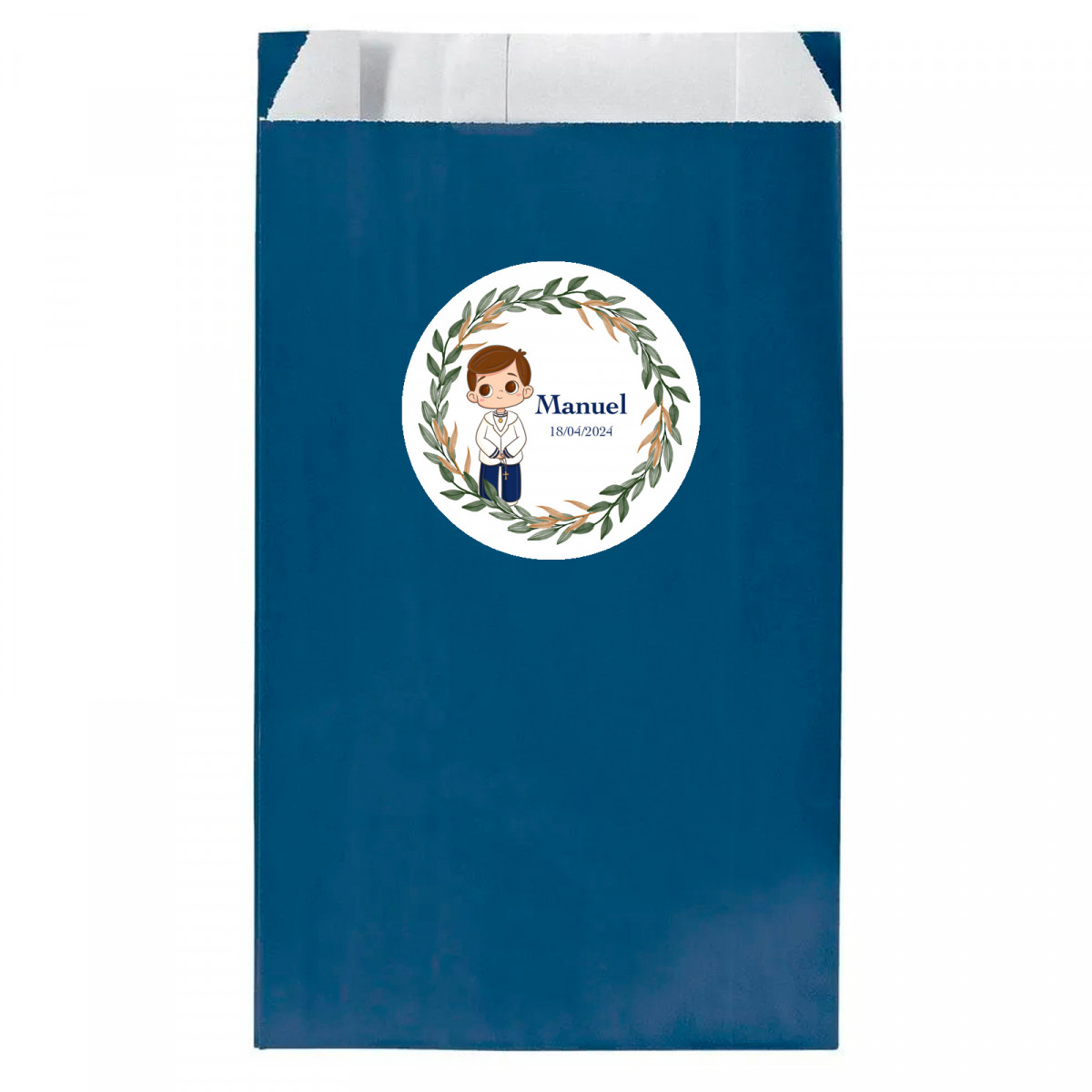 Su carta kraft blu navy 7x12 cm con adesivo bimbo prima comunione personalizzabile