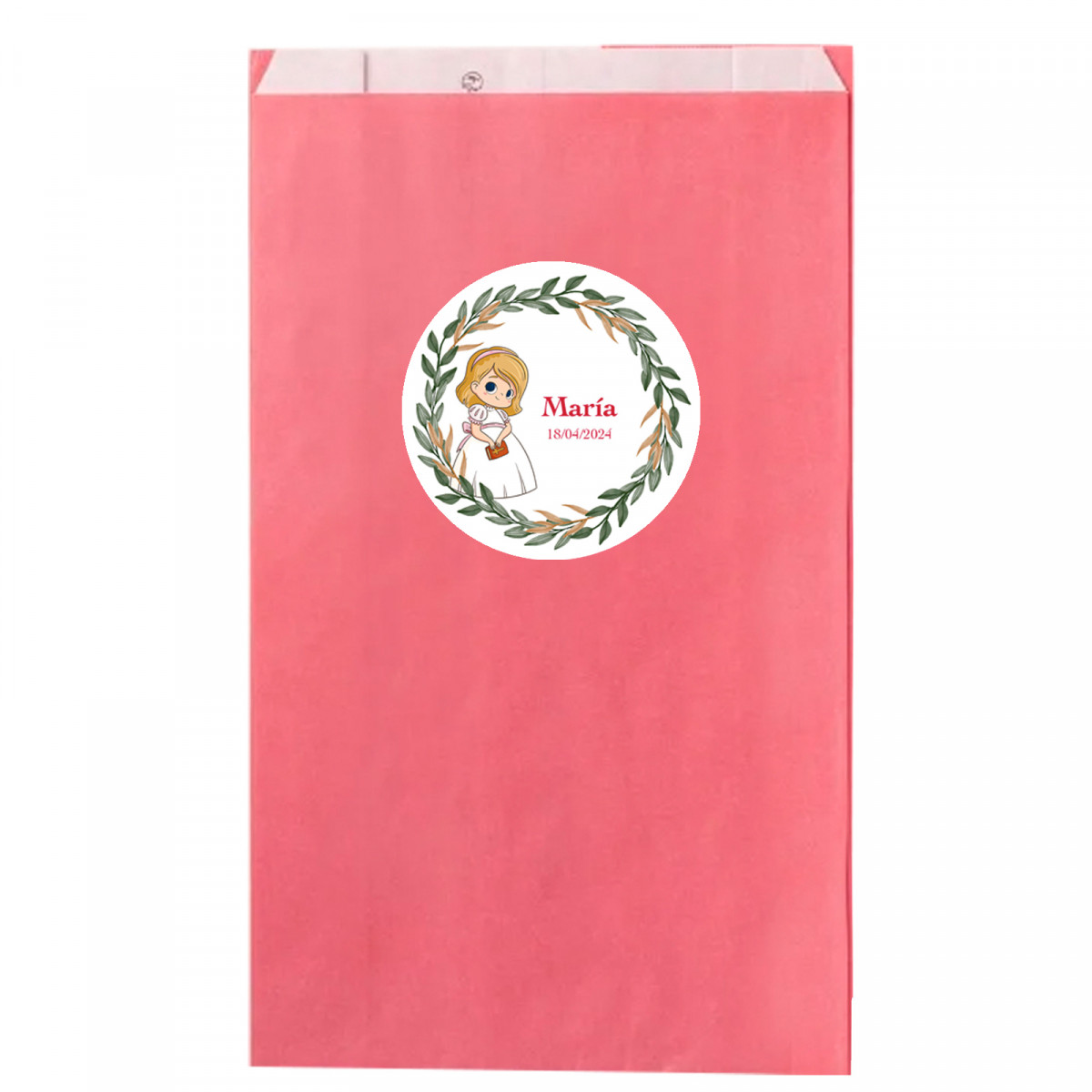 Su carta kraft rosa 7x12cm con adesivo comunione bambina personalizzabile