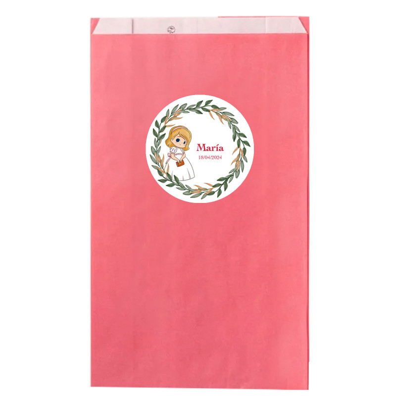 Su carta kraft rosa 7x12cm con adesivo comunione bambina personalizzabile