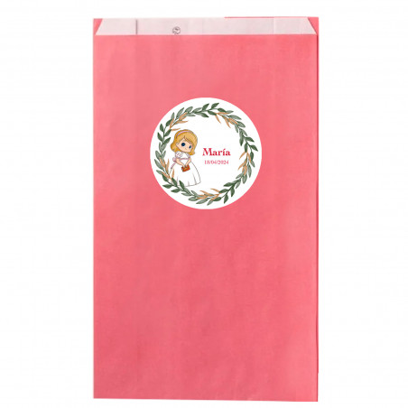 Su carta kraft rosa 7x12cm con adesivo comunione bambina personalizzabile