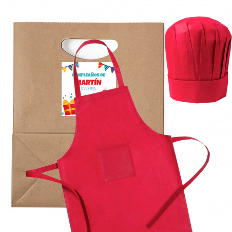 Grembiule e cappello da cucina in busta con adesivo personalizzabile per i dettagli