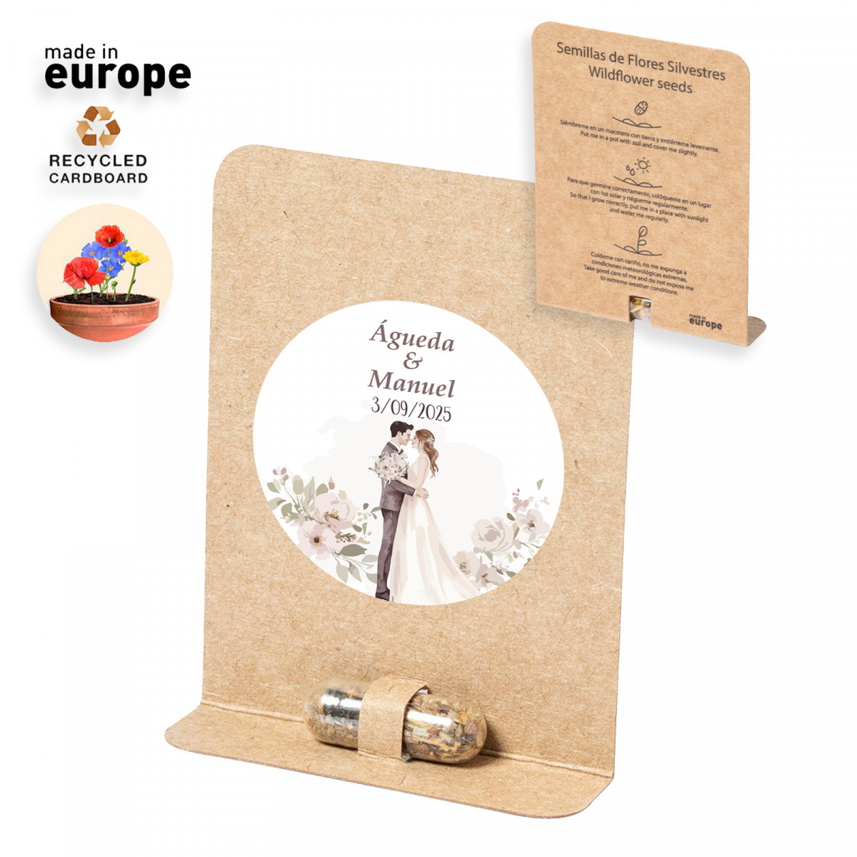 Capsula di semi con adesivo spaziale personalizzabile per i dettagli del matrimonio