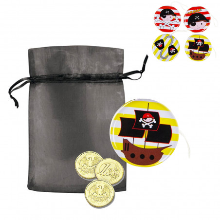 Yoyo pirata metallizzato con monete di cioccolato in un sacchetto di organza da regalare