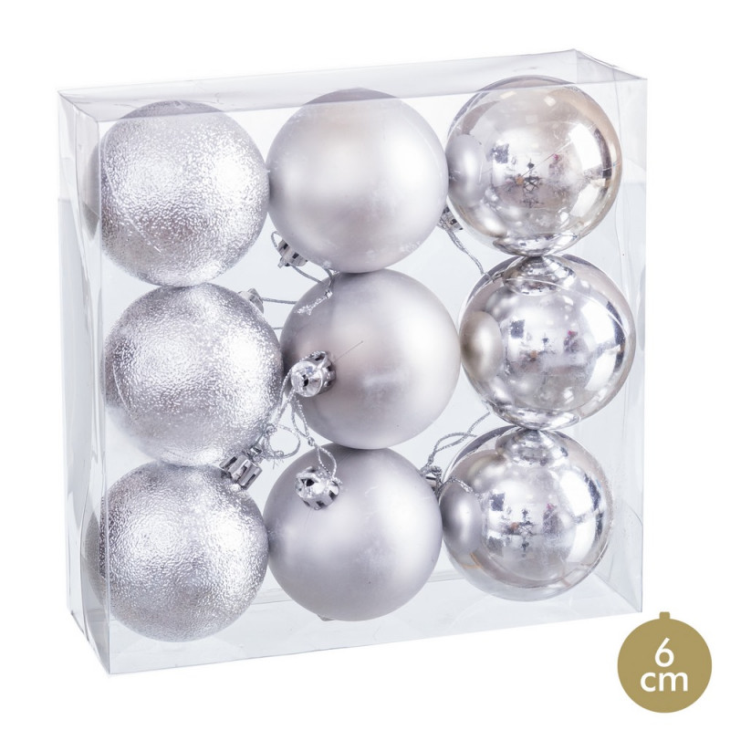 Sfera d'argento opaca, brillantezza e glitter per decorazioni natalizie 9 unità