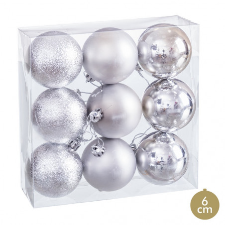 Sfera d'argento opaca, brillantezza e glitter per decorazioni natalizie 9 unità