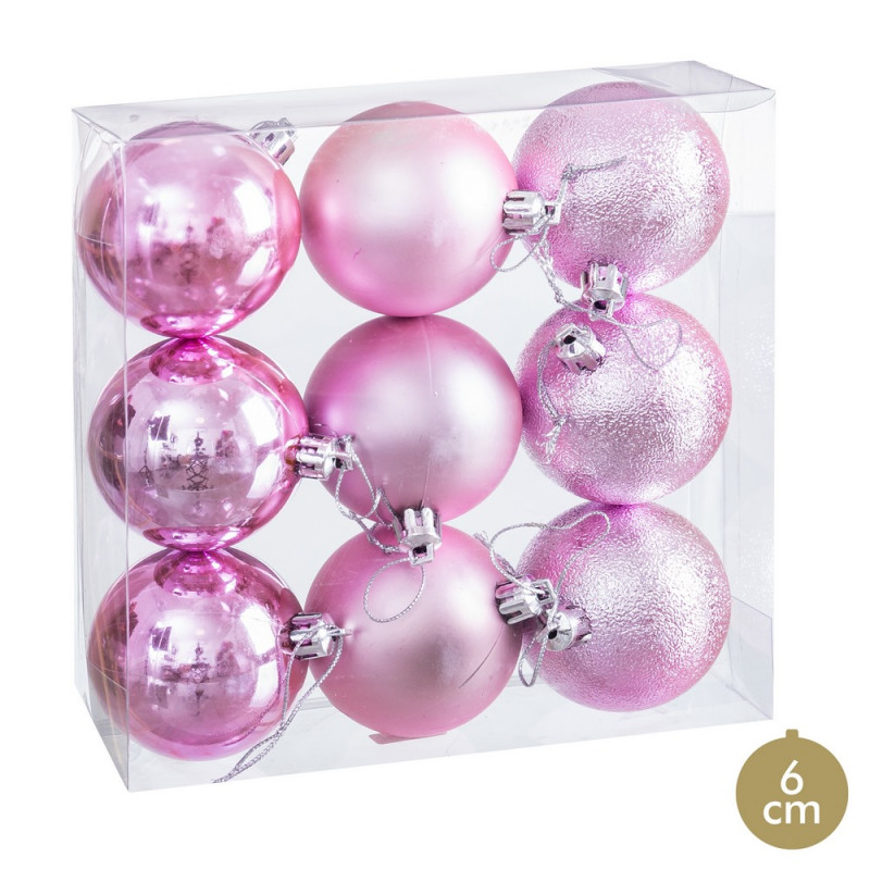 Palline rosa opache, lucentezza e glitter per decorazioni natalizie 9 unità