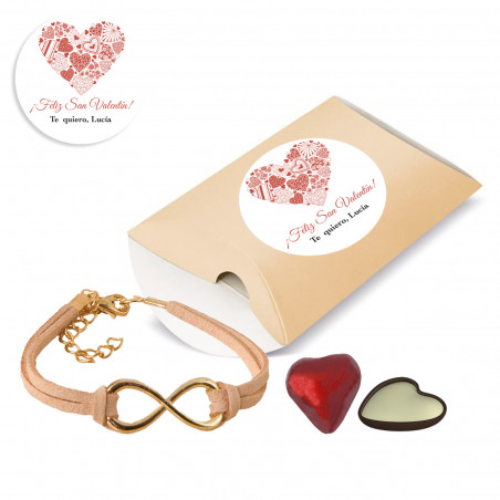 Bracciale infinito e cioccolatino a forma di cuore in una scatola personalizzata per matrimonio o San Valentino