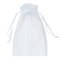 Candela in scatola metallica turchese con biglietto personalizzato in sacchetto di organza bianca per regalo di battesimo