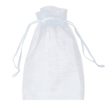 Candela in scatola metallica turchese con biglietto personalizzato in sacchetto di organza bianca per regalo di battesimo