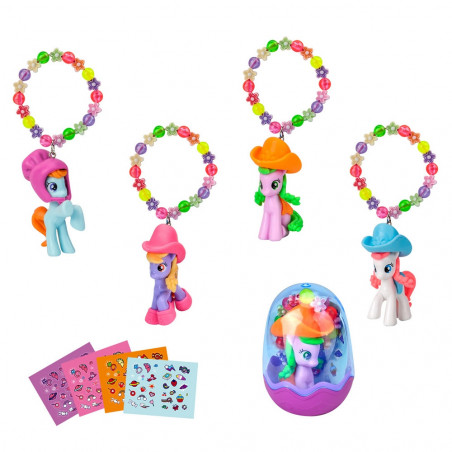 Bracciale con pony e adesivi e pompon in sacchetto di organza viola con adesivo personalizzato per dettagli evento bambini