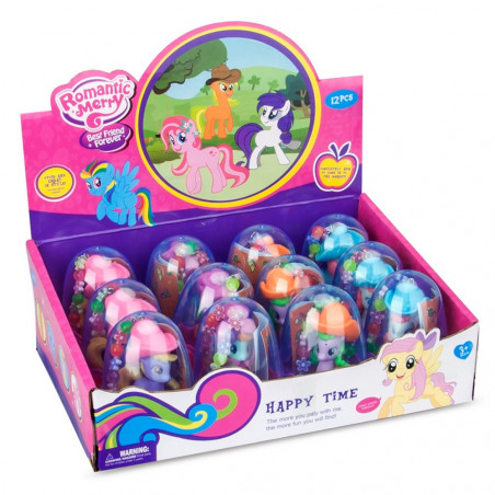 Bracciale con pony e adesivi e pompon in sacchetto di organza viola con adesivo personalizzato per dettagli evento bambini