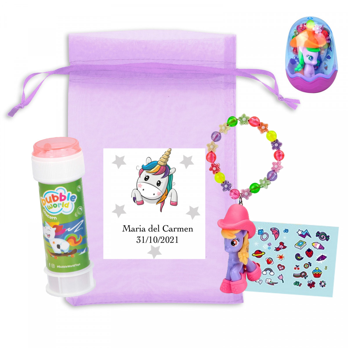 Bracciale con pony e adesivi e pompon in sacchetto di organza viola con adesivo personalizzato per dettagli evento bambini