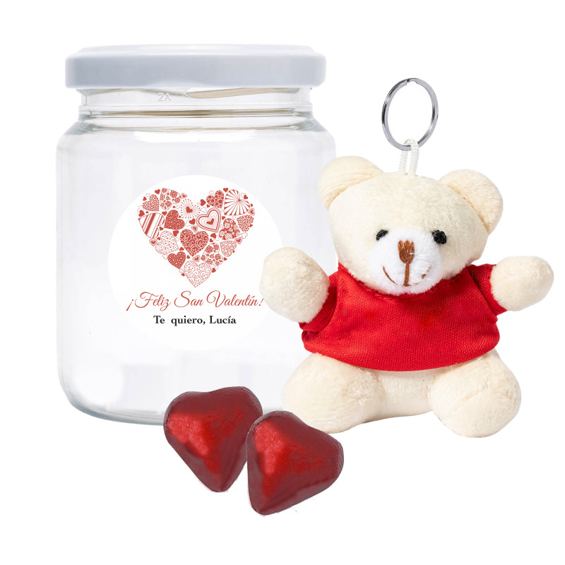 Portachiavi orsetto e cioccolatini cuore in un barattolo personalizzato con romantico adesivo da regalare
