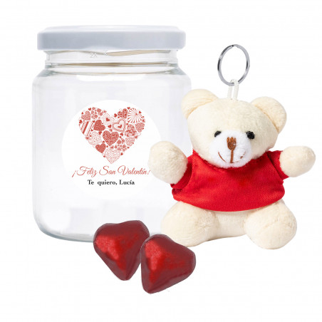 Portachiavi orsetto e cioccolatini cuore in un barattolo personalizzato con romantico adesivo da regalare