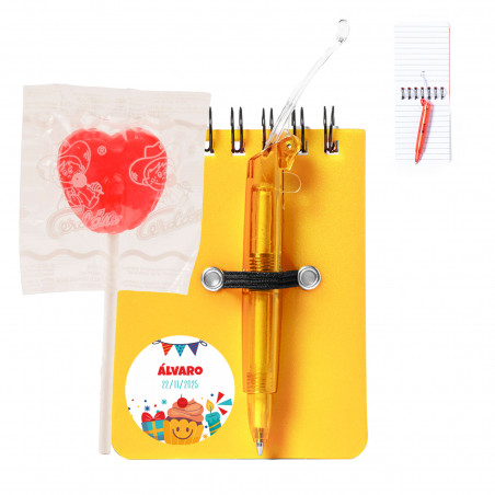 Taccuino con penna personalizzabile e lecca-lecca per i dettagli