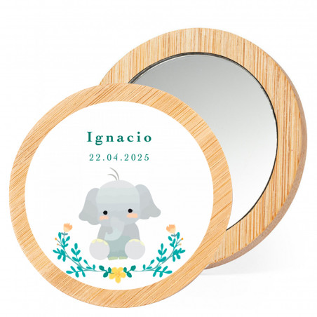 Specchio di bambù con tenero adesivo di elefante per dettagli battesimo