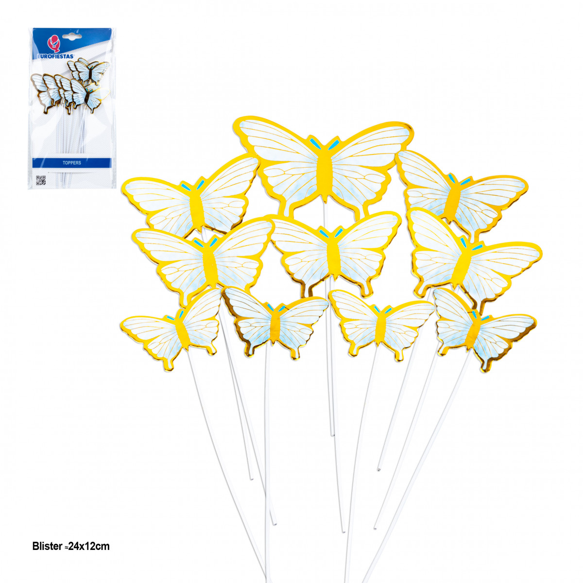 Topper per torte farfalle blu con bordi metalizzati oro per decorare