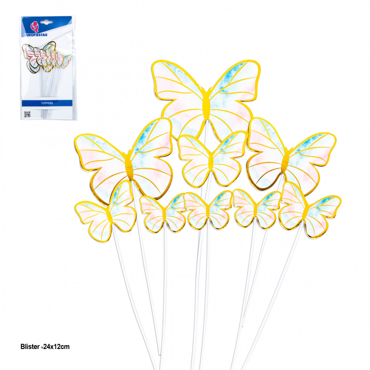Topper per torte farfalle blu e rosa con bordi metallizzati oro