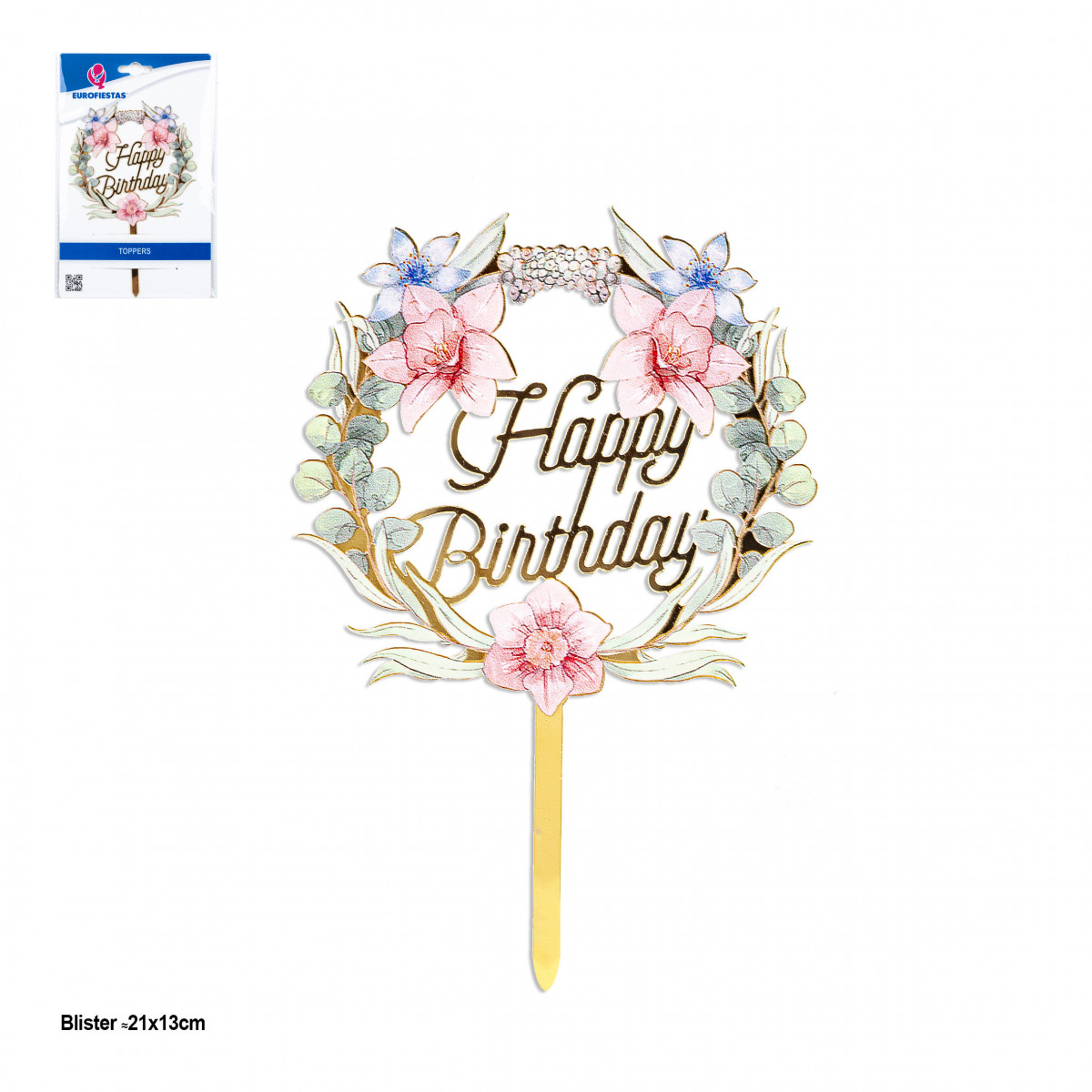 Topper corona floreale Buon Compleanno dettagli in oro per decorare