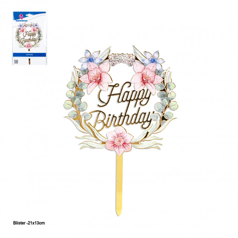 Topper corona floreale Buon Compleanno dettagli in oro per decorare