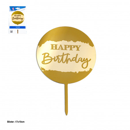 Topper circolare con lettere Happy Birthday in bianco e oro per decorare