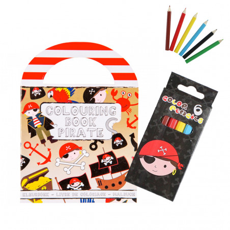 Libro da colorare con adesivi con motivi pirata e astuccio coordinato per i dettagli dei bambini